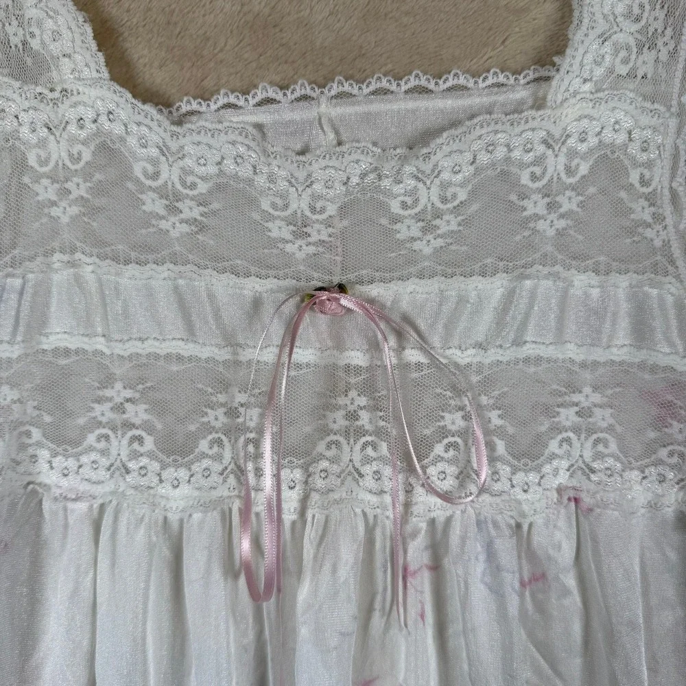 Vintage Deena White Pink Floral‎ Lace Trim Nylon Nightgown Sleep Dress Medium